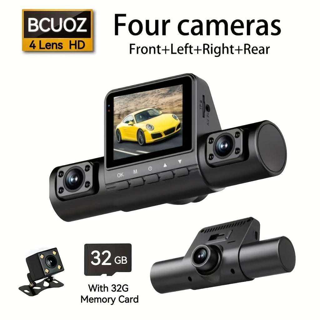 1pc BCUOZ 4-Lens HD Dash Cam, Full Car DVR Recorder with 2" LCD Display, Night Vision, Loop Recording, Motion Detection, Driver Side Auto Orientation, 5V Plug-in, Push Button Control, 1080p Video, 150mAh Rechargeable Battery,