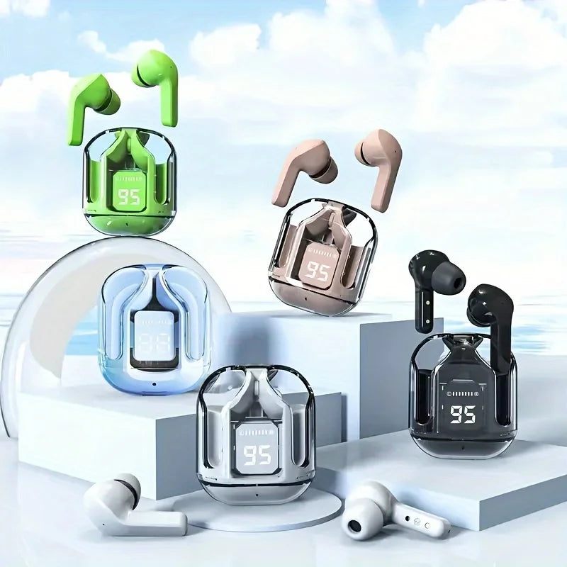 Transparent Wireless Earbuds with LED Display – ENC Noise Cancelling, HiFi Stereo Sound, Mini Charging Case Sports Earphones