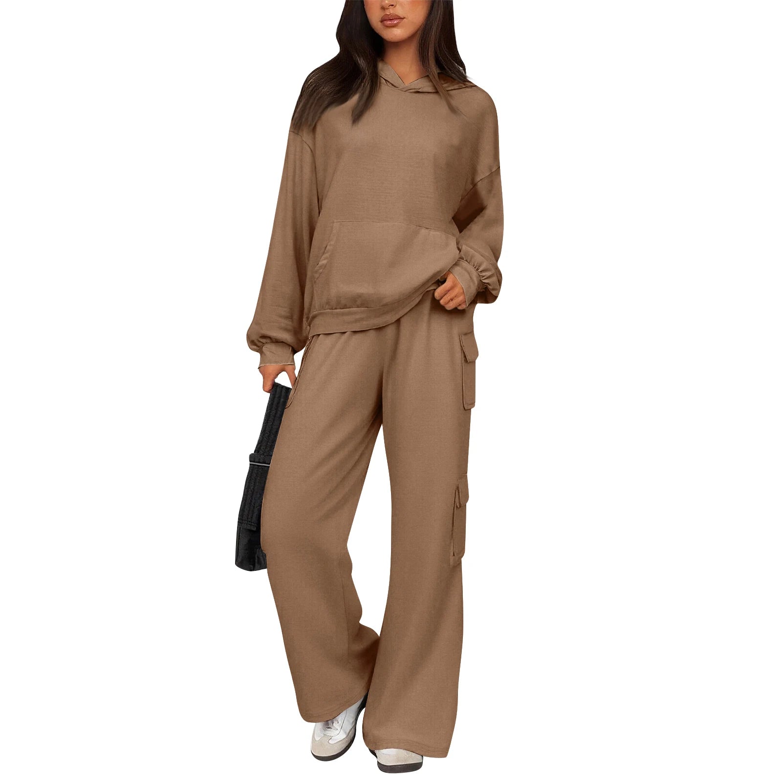Relaxed Stylish Women Two Piece Set Hoodie Popular Cargo Pocket Wide Leg Pants Trendy Loose Fit Comfy Casual Lounge Outfit