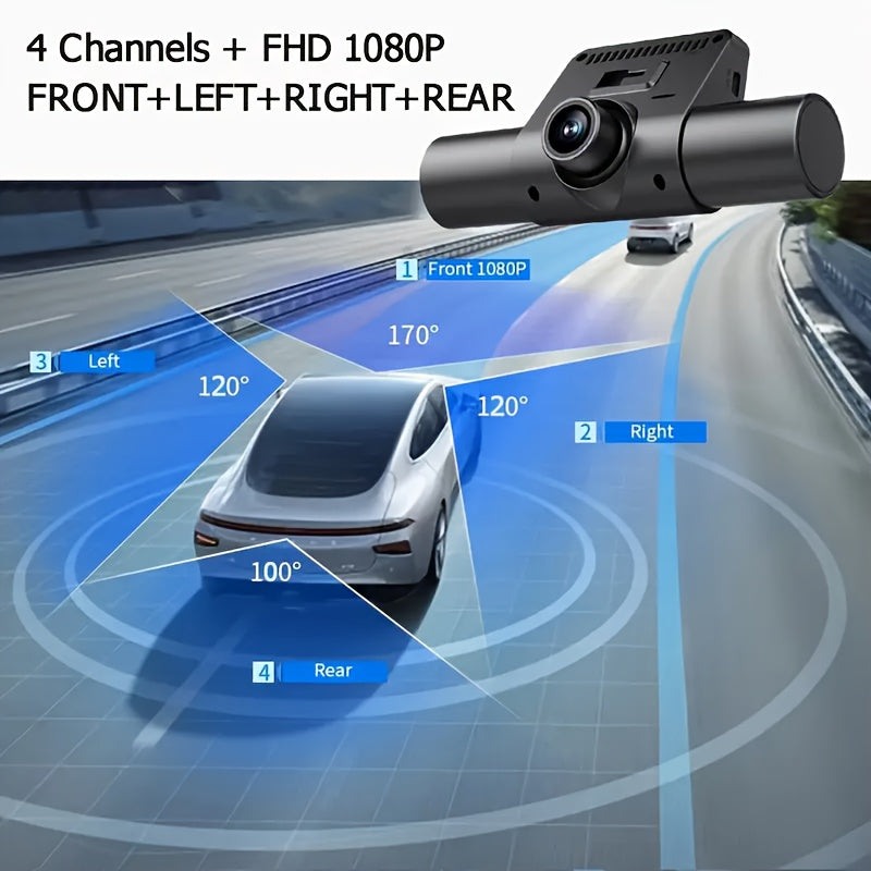 1pc BCUOZ 4-Lens HD Dash Cam, Full Car DVR Recorder with 2" LCD Display, Night Vision, Loop Recording, Motion Detection, Driver Side Auto Orientation, 5V Plug-in, Push Button Control, 1080p Video, 150mAh Rechargeable Battery,