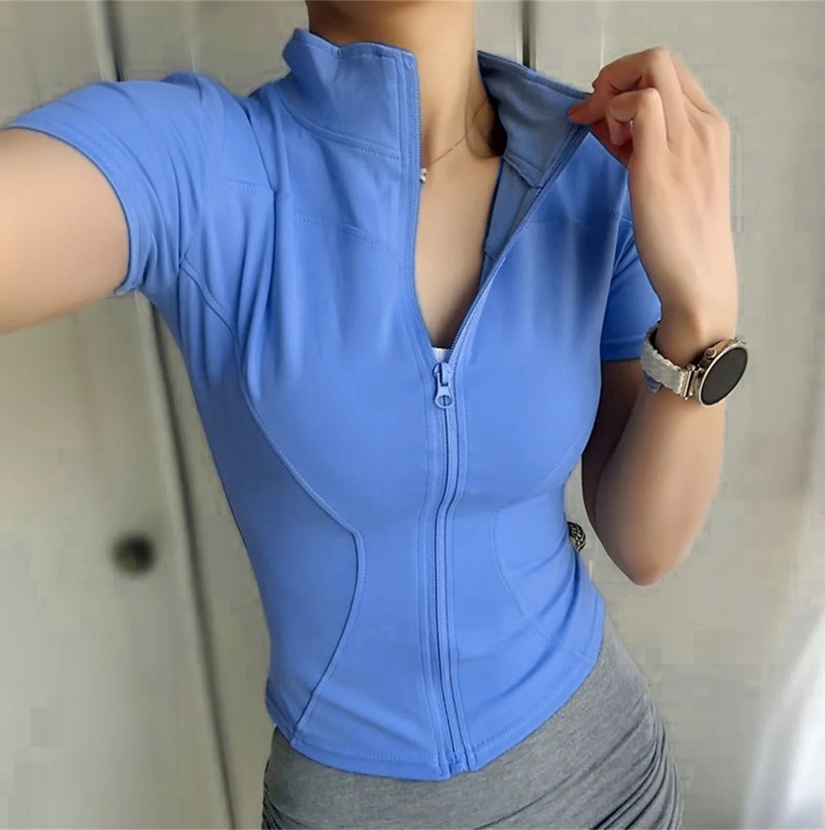 Summer Solid Zipper Slimming Coat Women Short Sleeve Stand Collar Cycling Running Tops Female Gym Sports Workout Clothes Street