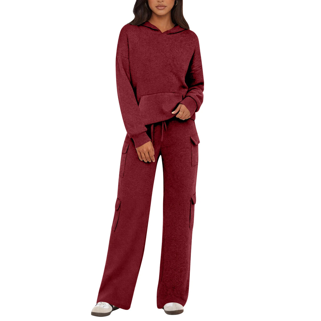 Relaxed Stylish Women Two Piece Set Hoodie Popular Cargo Pocket Wide Leg Pants Trendy Loose Fit Comfy Casual Lounge Outfit