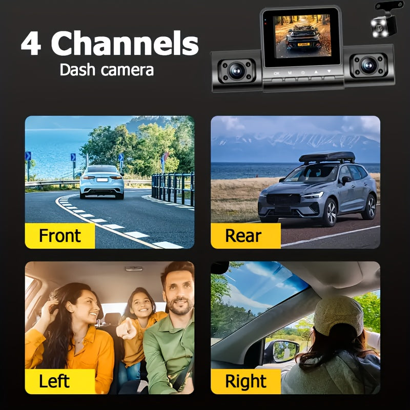1pc BCUOZ 4-Lens HD Dash Cam, Full Car DVR Recorder with 2" LCD Display, Night Vision, Loop Recording, Motion Detection, Driver Side Auto Orientation, 5V Plug-in, Push Button Control, 1080p Video, 150mAh Rechargeable Battery,