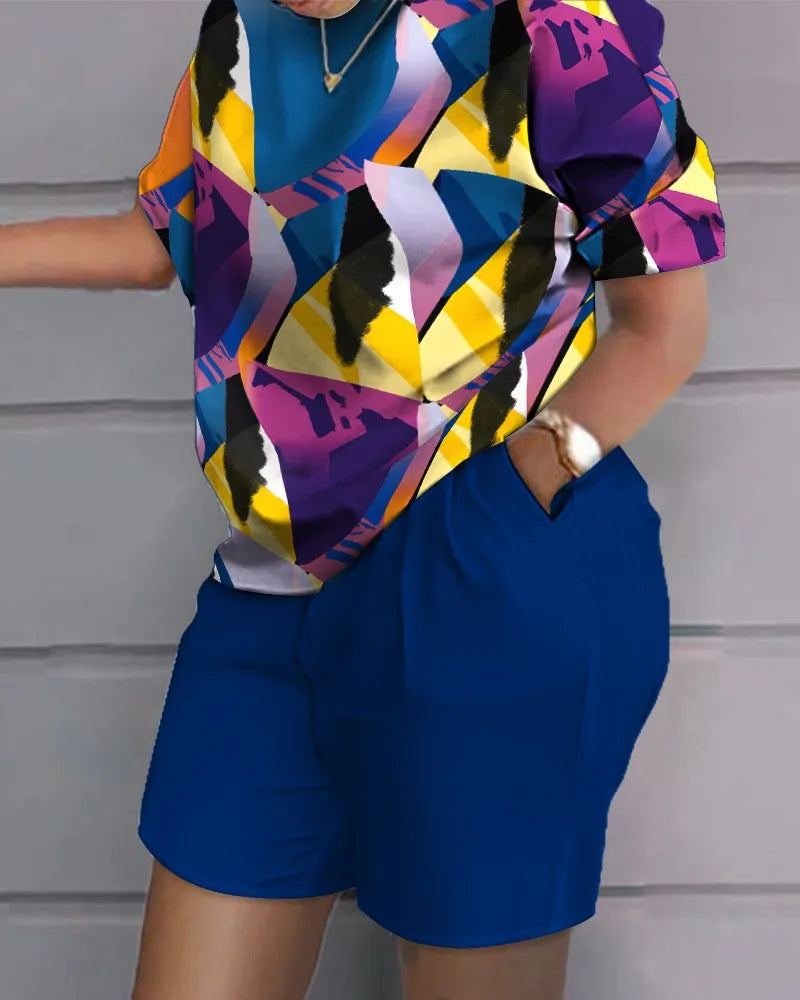 2026 Women's 2-Piece Set: Fashion Print Wide-Leg Pants & Top, Elegant Office Suit