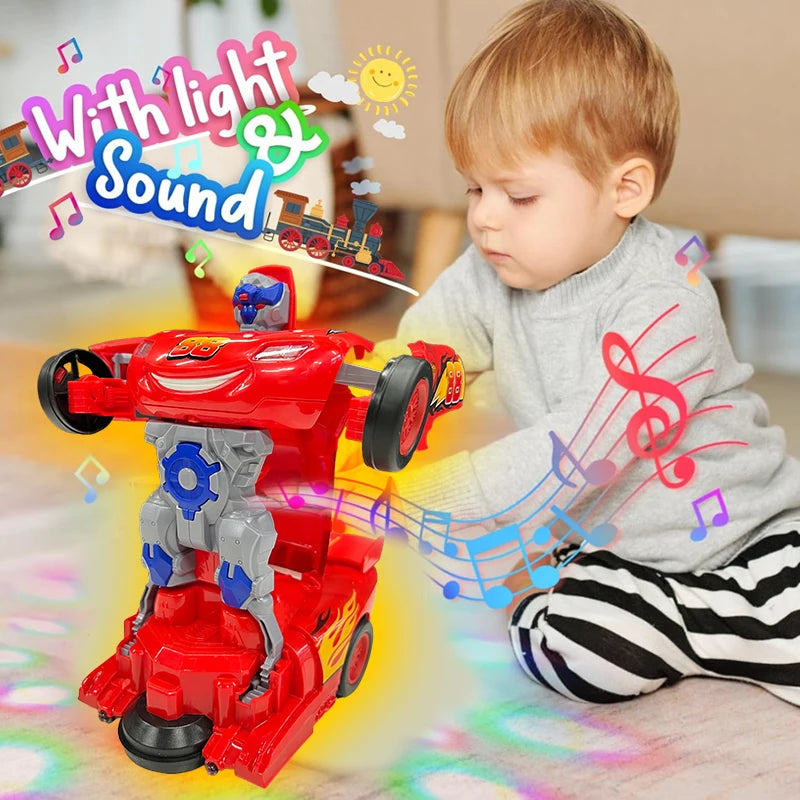 Red racing car transformation robot electric toy, automatic conversion, universal sound and light, perfect baby gift