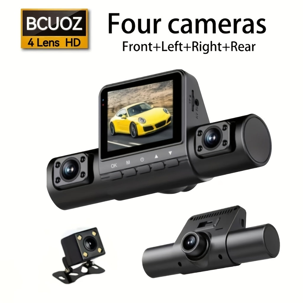 1pc BCUOZ 4-Lens HD Dash Cam, Full Car DVR Recorder with 2" LCD Display, Night Vision, Loop Recording, Motion Detection, Driver Side Auto Orientation, 5V Plug-in, Push Button Control, 1080p Video, 150mAh Rechargeable Battery,