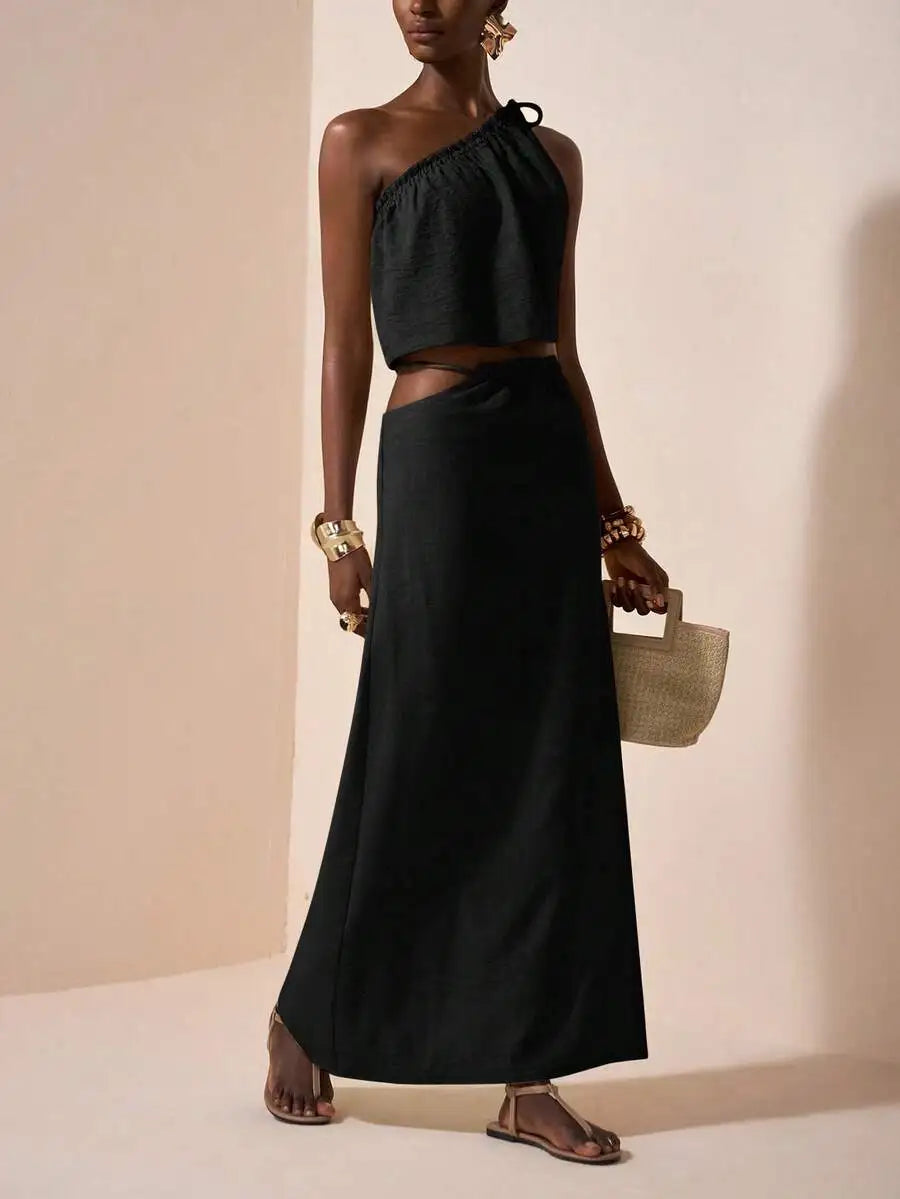 One-Shoulder Linen Two-Piece Set with Asymmetrical Waist, Beige Summer Outfit for Casual & Vacation