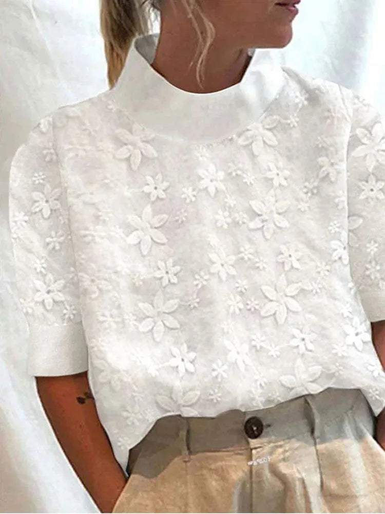 Women's Cotton Linen Pullover Shirt, Elegant Lace Trim Slim Fit Stand Collar Top for Summer Streetwear