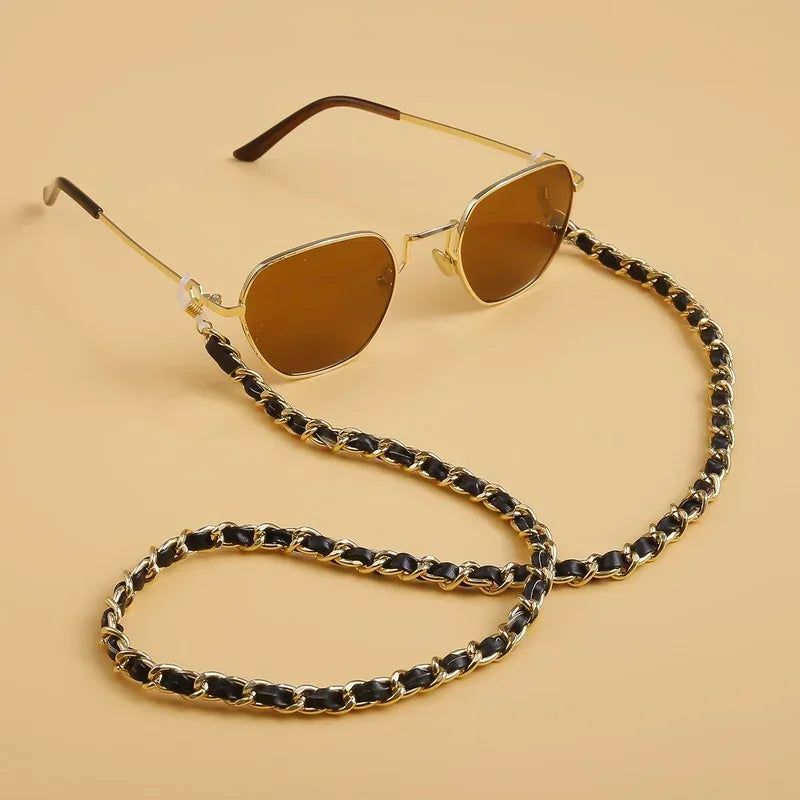 Trendy Luxury Gold Color Glasses Holder Neck Chain Straps Fashion PU Leather Metal Sunglasses Accessories