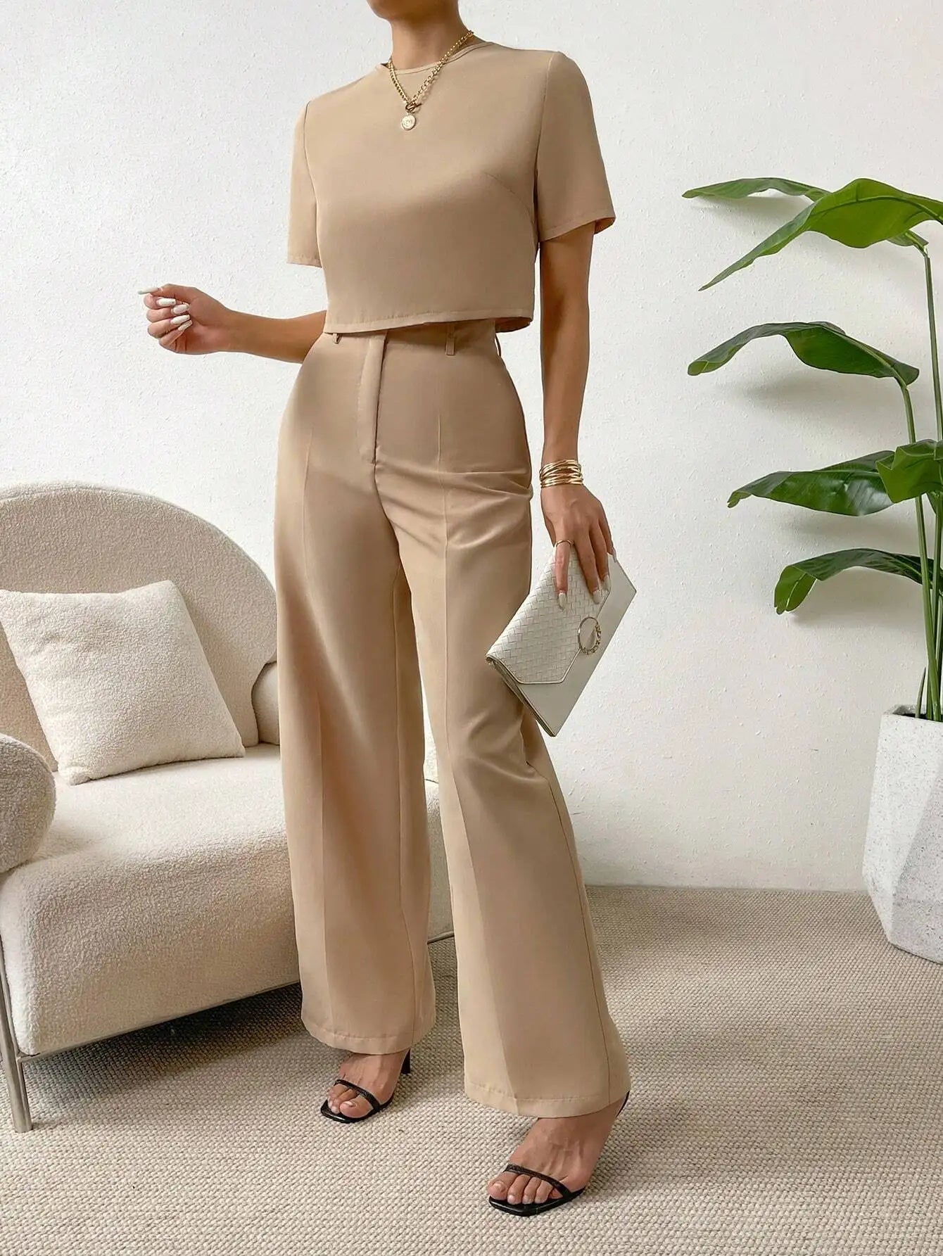 Beige 2-Piece Set: Cropped Short Sleeve Top & Wide Leg Pants