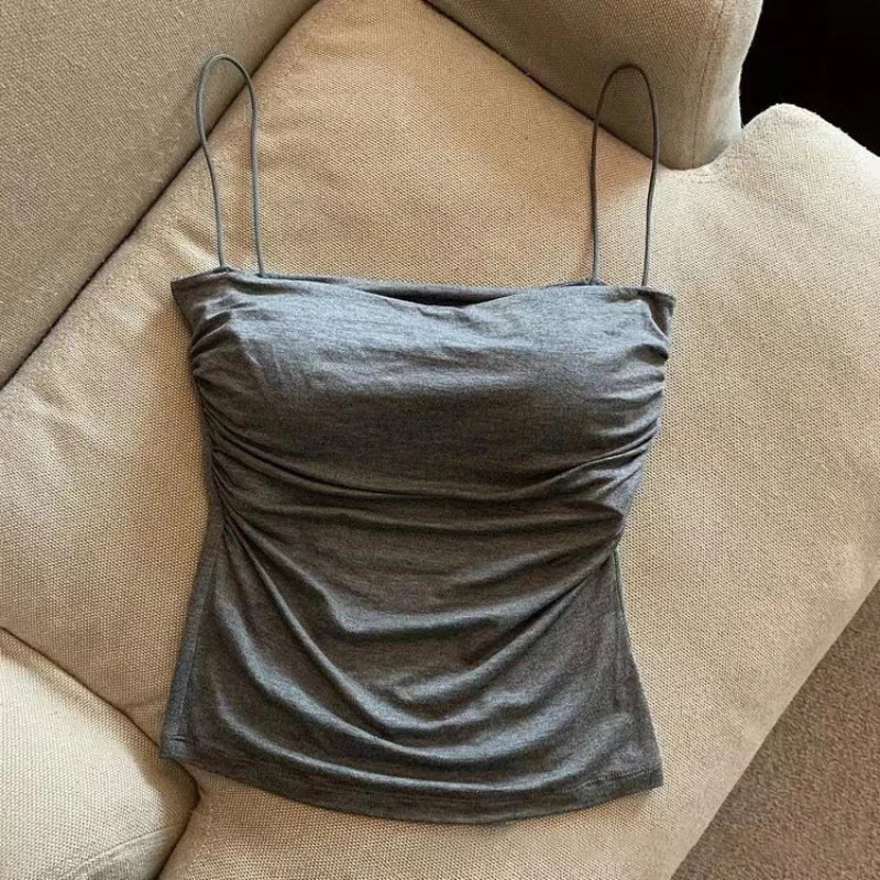 1 Pc Stylish Waist Pleated Corset - Soft support fixed chest pad sleeveless vest Sexy short top with thin straps Solid color