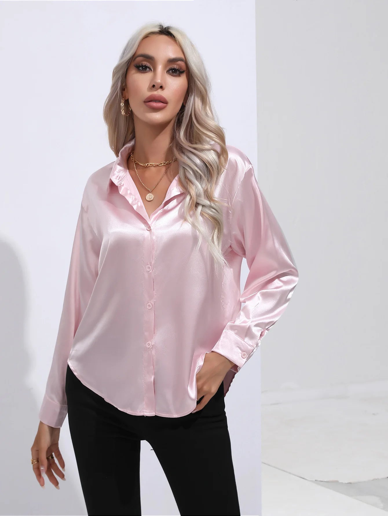 2025 Spring Summer Satin Shirt for Women, V-Neck Long Sleeve Silk Blouse Loose Office Shirt in Black White