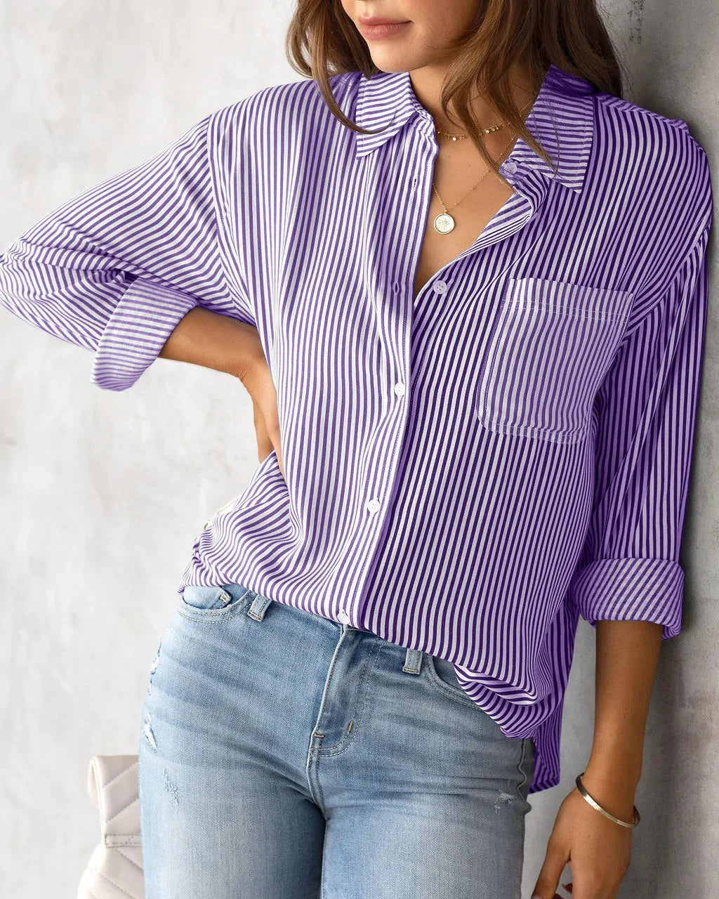 2025 New Striped Oversized Cotton Top, Elegant Lapel Long Sleeve Loose Casual Blouse for Women