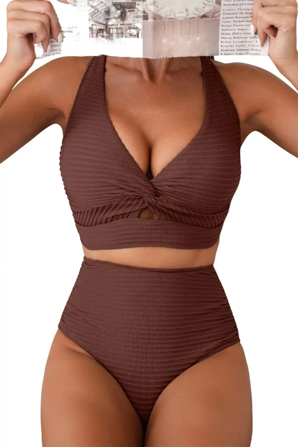 Herseas Women's Textured Bikini Sets Twist Front Top Swimsuits High Waisted Bathing Suits