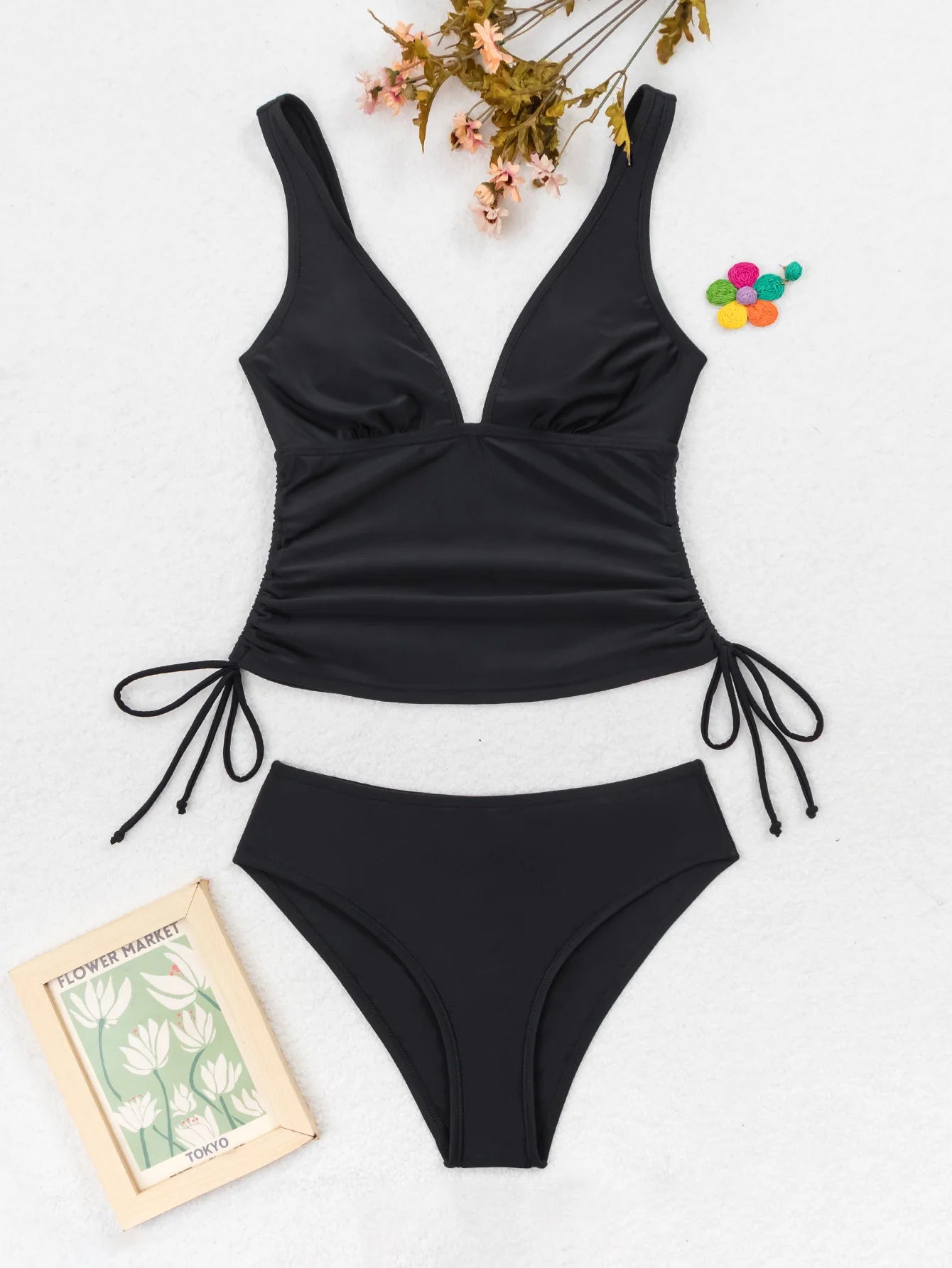 Elegant Black Women's V-Neck Tankini Set with Drawstring Detail High Stretch Knitted Fabric Backless Bikini Swimsuit