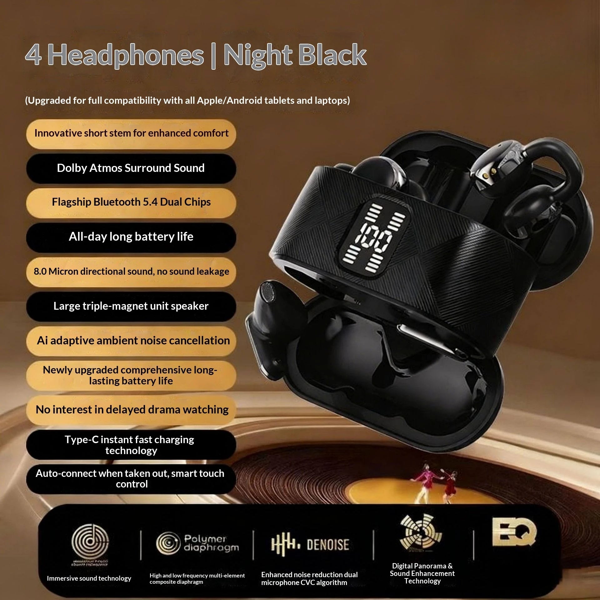 New Q16 In-Ear 2-in-1 Couple Earphones LED Power Display Noise Reduction Long Endurance Fashion Ear-Clip  Headsets For Game