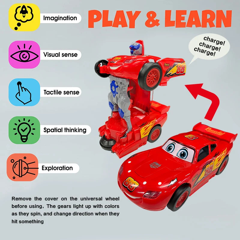 Red racing car transformation robot electric toy, automatic conversion, universal sound and light, perfect baby gift