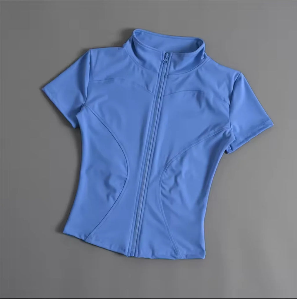 Summer Solid Zipper Slimming Coat Women Short Sleeve Stand Collar Cycling Running Tops Female Gym Sports Workout Clothes Street