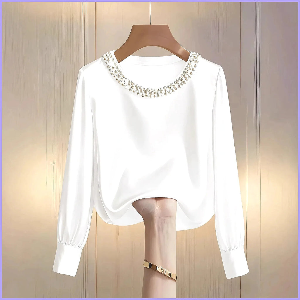Elegant Beaded Satin Blouse for Women, Loose Fit Long Sleeve Silk Shirt Tops