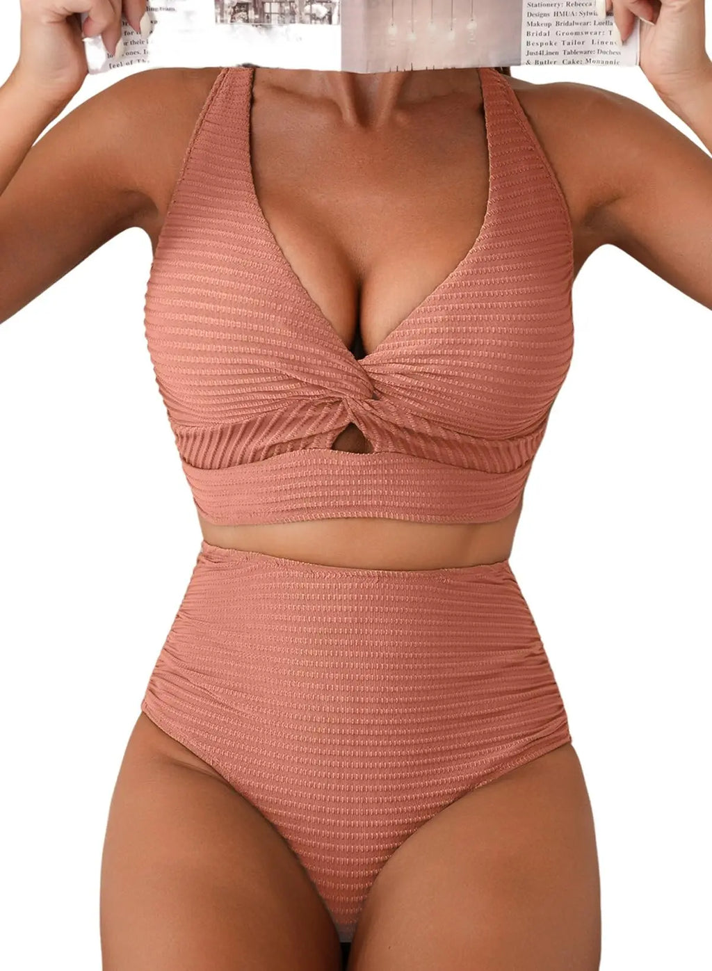 Herseas Women's Textured Bikini Sets Twist Front Top Swimsuits High Waisted Bathing Suits