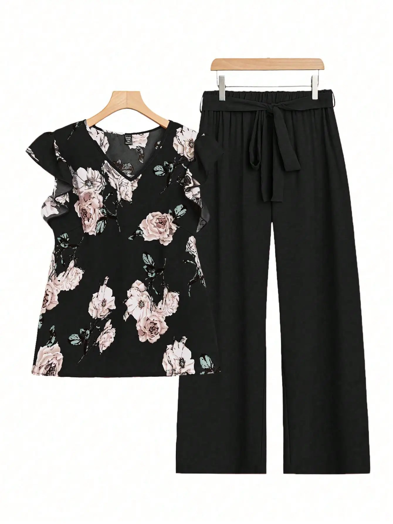 Women's Floral V-Neck Top & Solid Wide-Leg Pants Set with Tie Waist