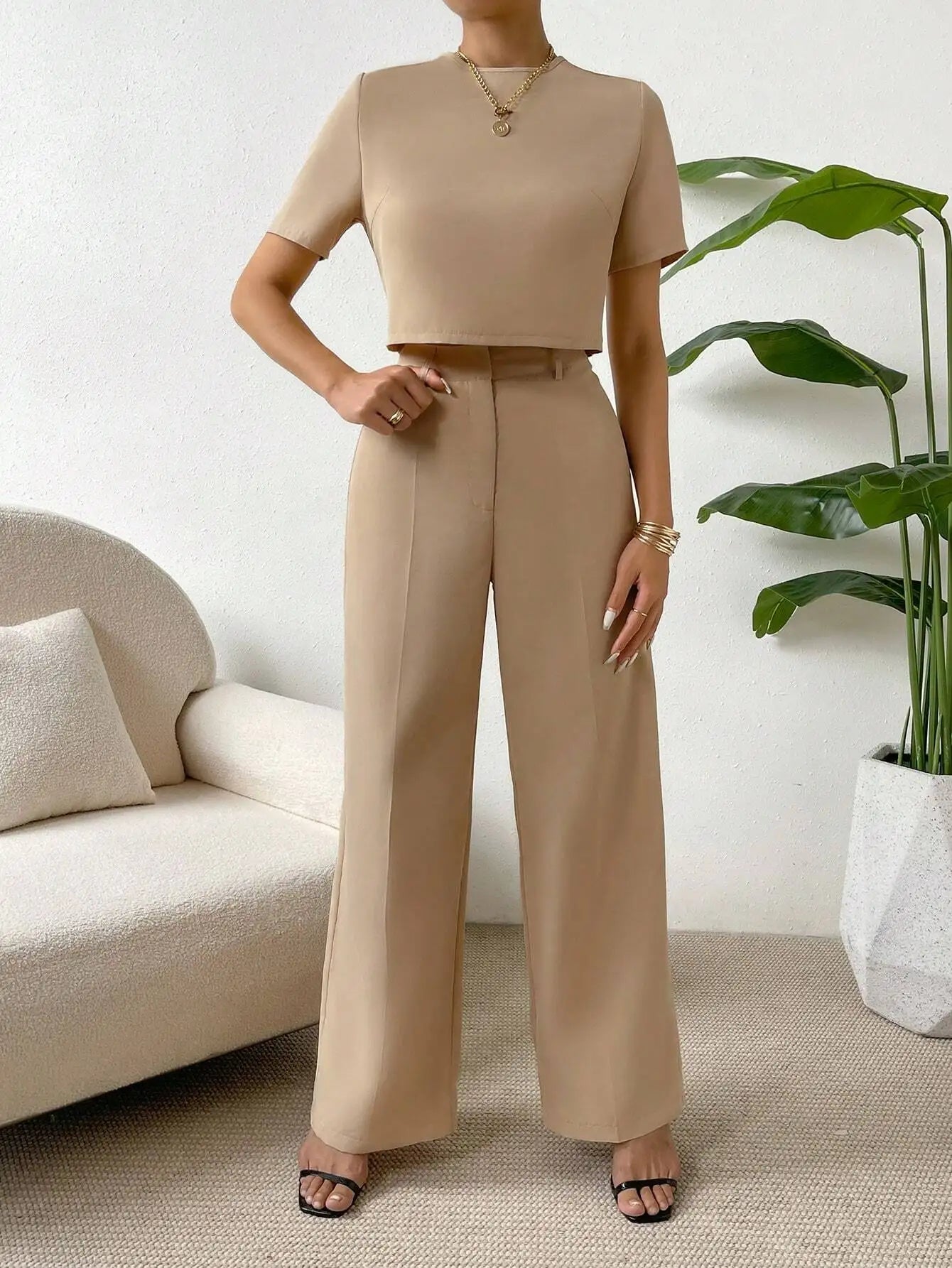 Beige 2-Piece Set: Cropped Short Sleeve Top & Wide Leg Pants