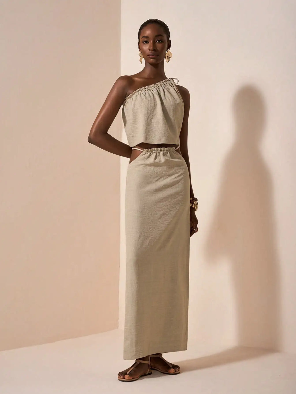 One-Shoulder Linen Two-Piece Set with Asymmetrical Waist, Beige Summer Outfit for Casual & Vacation