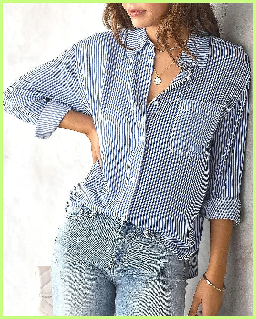 2025 New Striped Oversized Cotton Top, Elegant Lapel Long Sleeve Loose Casual Blouse for Women
