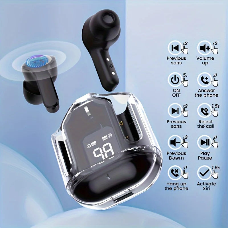 Transparent Wireless Earbuds with LED Display – ENC Noise Cancelling, HiFi Stereo Sound, Mini Charging Case Sports Earphones