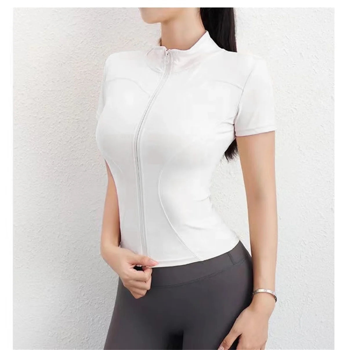 Summer Solid Zipper Slimming Coat Women Short Sleeve Stand Collar Cycling Running Tops Female Gym Sports Workout Clothes Street