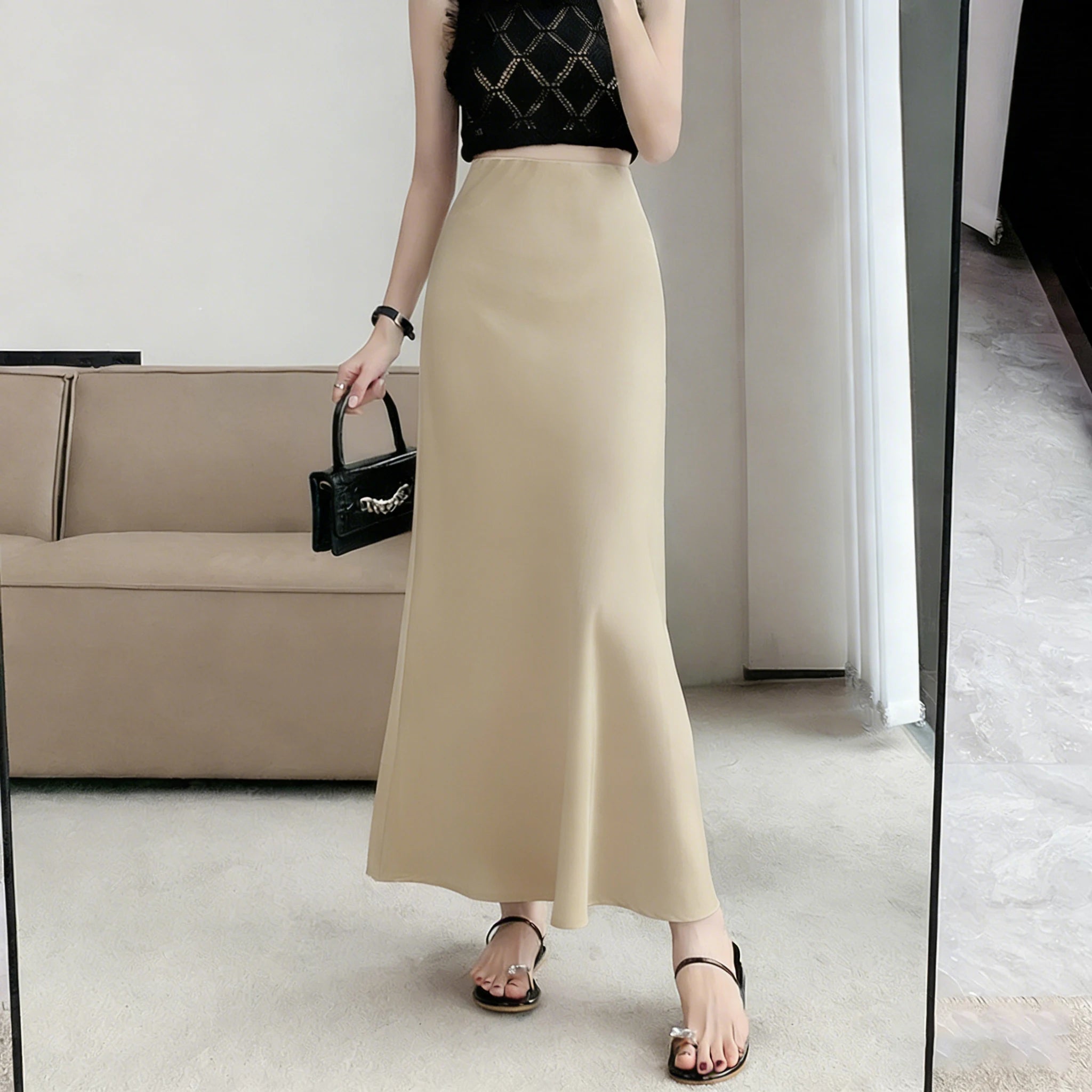 Acetic Satin Fishtail Skirt Woman Korean Fashion Elastic High Waist Skirts for Women Spring/Summer 2024 New Chic Lady Skirts