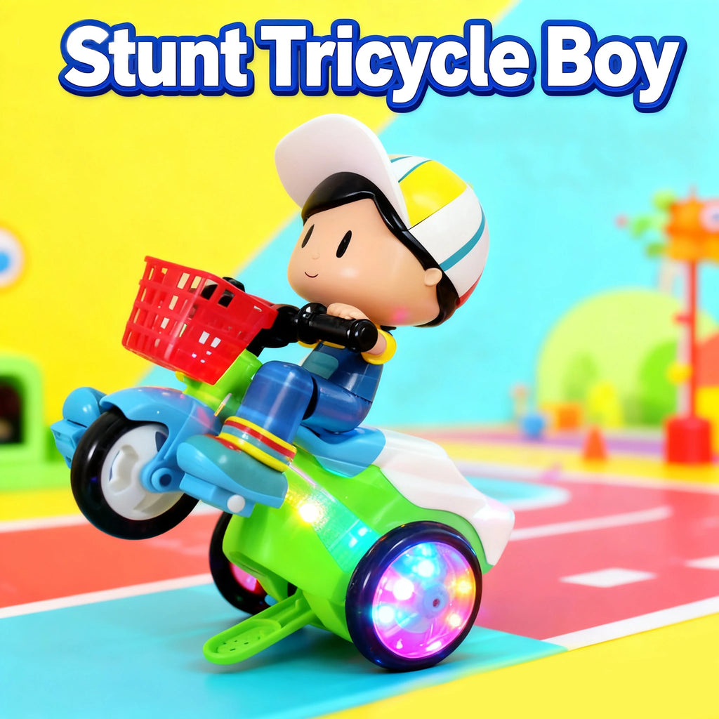 A cute little boy riding a tricycle with electric toys, spinning stunts, sound and light, is the perfect gift for babies