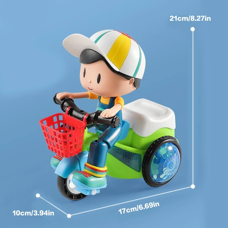 A cute little boy riding a tricycle with electric toys, spinning stunts, sound and light, is the perfect gift for babies