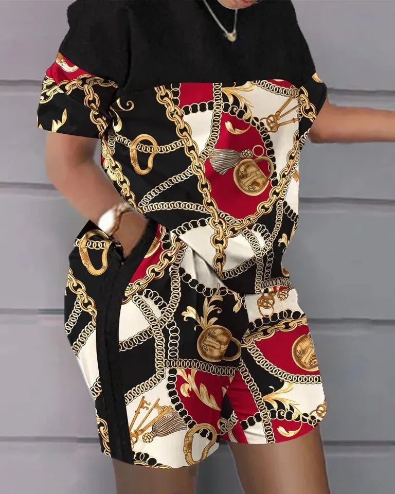 2026 Women's 2-Piece Set: Fashion Print Wide-Leg Pants & Top, Elegant Office Suit