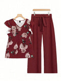 Women's Floral V-Neck Top & Solid Wide-Leg Pants Set with Tie Waist