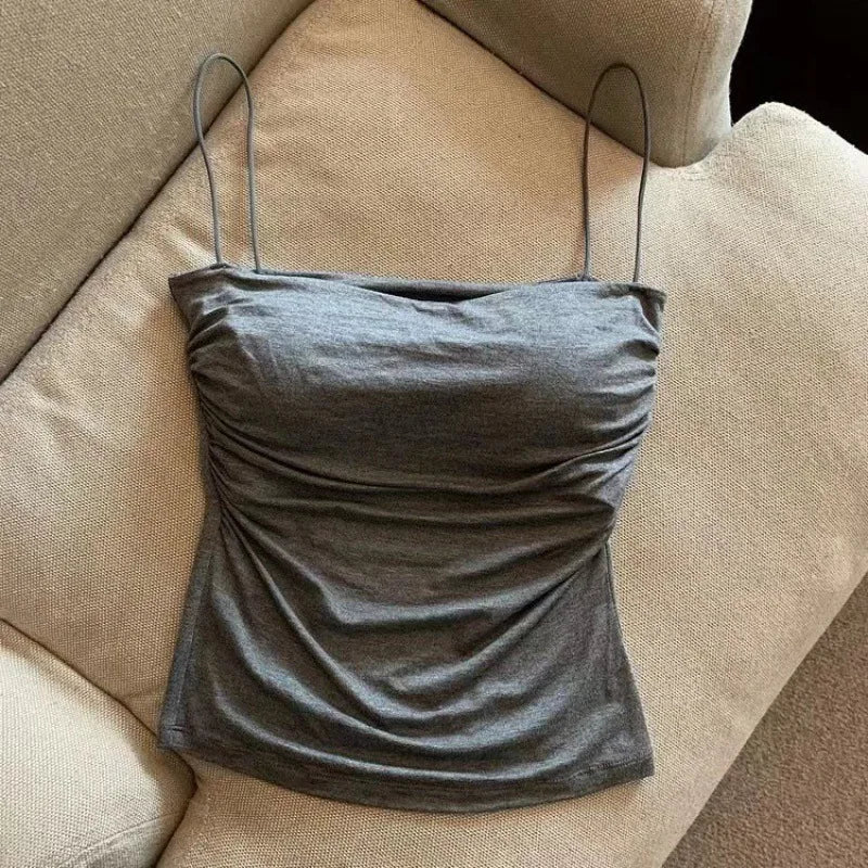 1 Pc Stylish Waist Pleated Corset - Soft support fixed chest pad sleeveless vest Sexy short top with thin straps Solid color