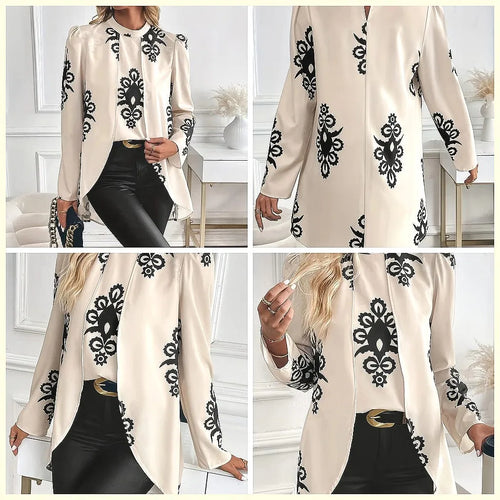 2026 Fashion Women's Long Sleeve Print Blouse, Elegant Office Top with Fake Two-Piece Design