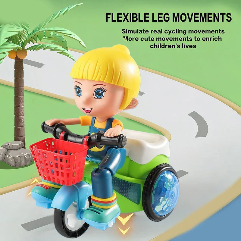 A cute little boy riding a tricycle with electric toys, spinning stunts, sound and light, is the perfect gift for babies