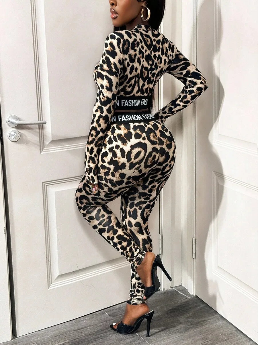 Leopard Print 2-Piece Women's Matching Set with 'FASHION' Waistband, Long Sleeve Crop Top & Leggings