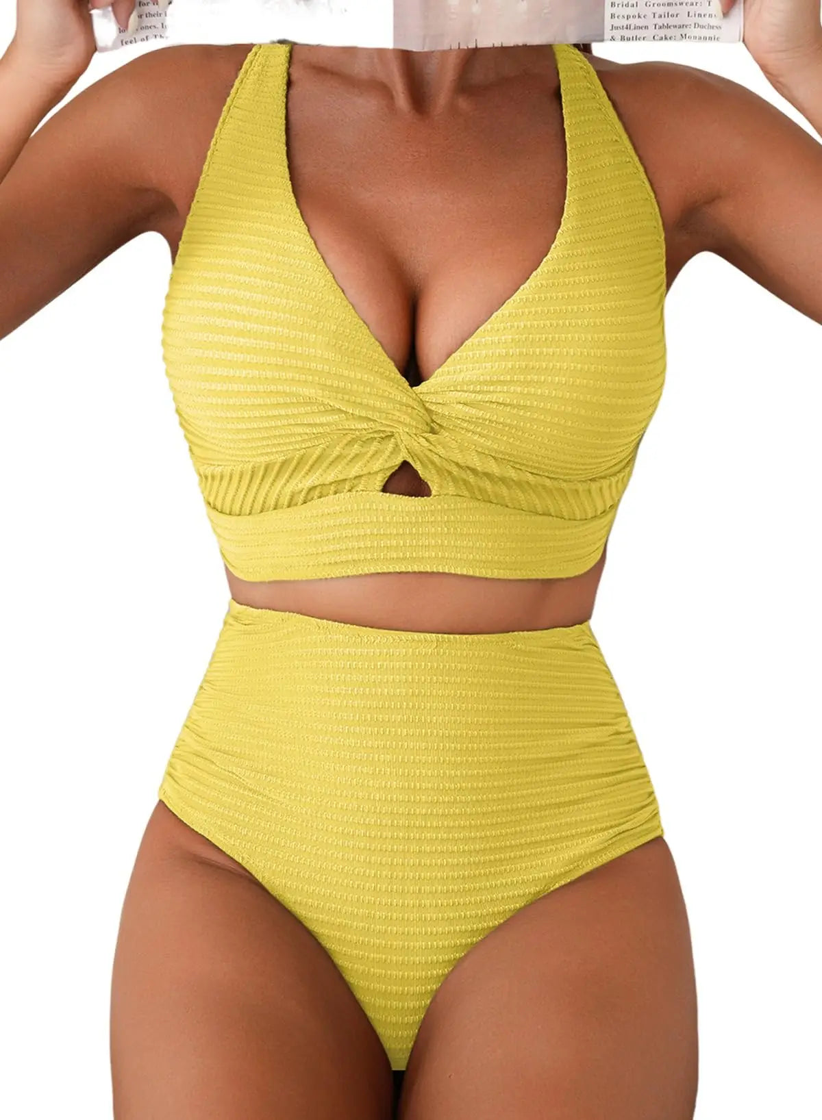 Herseas Women's Textured Bikini Sets Twist Front Top Swimsuits High Waisted Bathing Suits