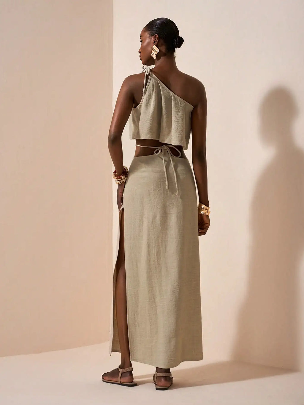 One-Shoulder Linen Two-Piece Set with Asymmetrical Waist, Beige Summer Outfit for Casual & Vacation