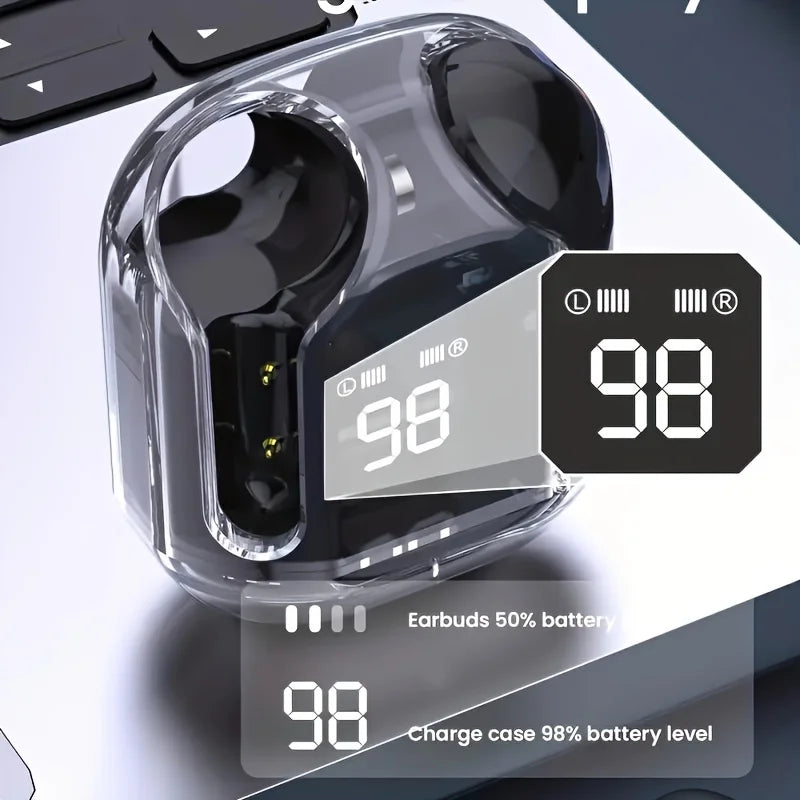 Transparent Wireless Earbuds with LED Display – ENC Noise Cancelling, HiFi Stereo Sound, Mini Charging Case Sports Earphones