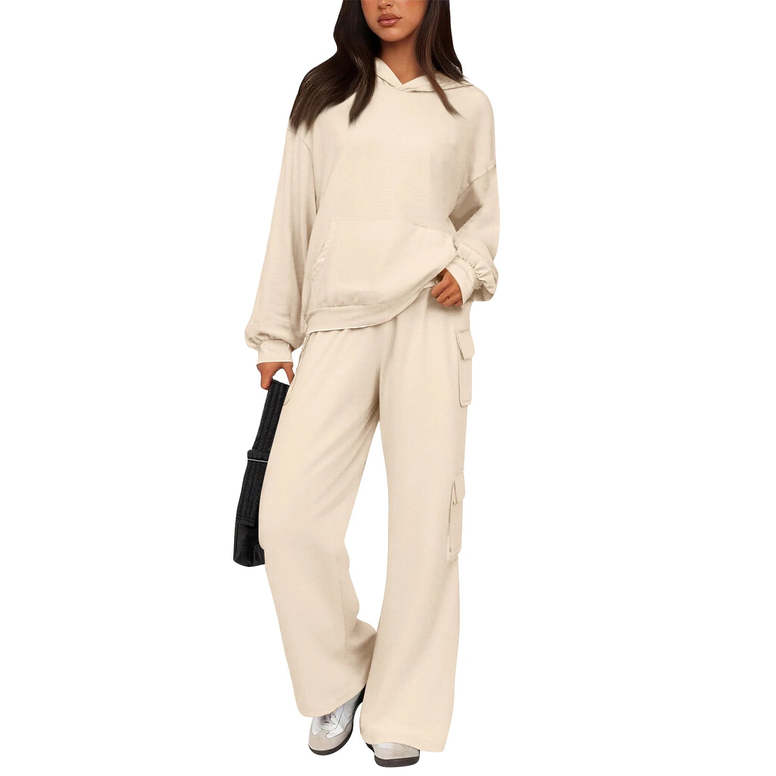 Relaxed Stylish Women Two Piece Set Hoodie Popular Cargo Pocket Wide Leg Pants Trendy Loose Fit Comfy Casual Lounge Outfit