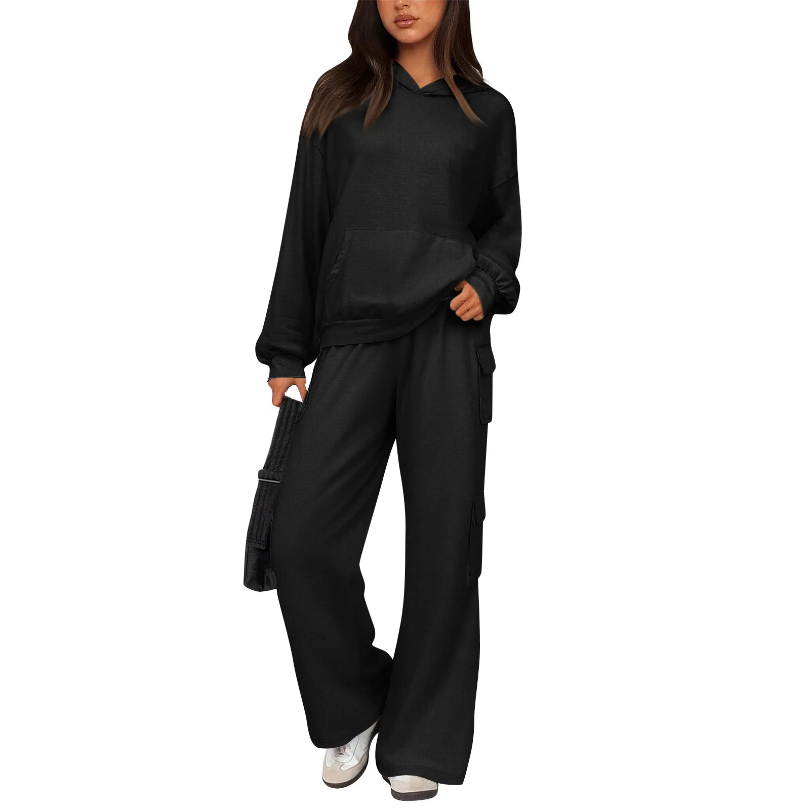 Relaxed Stylish Women Two Piece Set Hoodie Popular Cargo Pocket Wide Leg Pants Trendy Loose Fit Comfy Casual Lounge Outfit