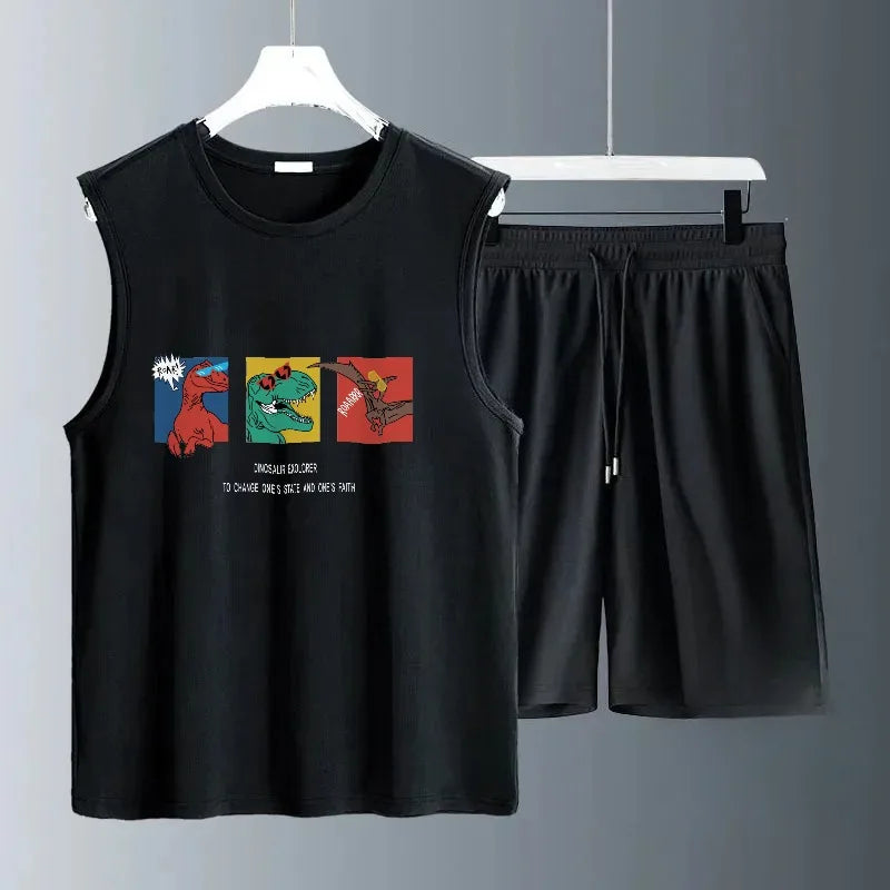 Summer Casual Men's Basketball 2-Piece Set Breathable T-shirt Jogging Shorts Street Sportwear Trendy Thin for Summer