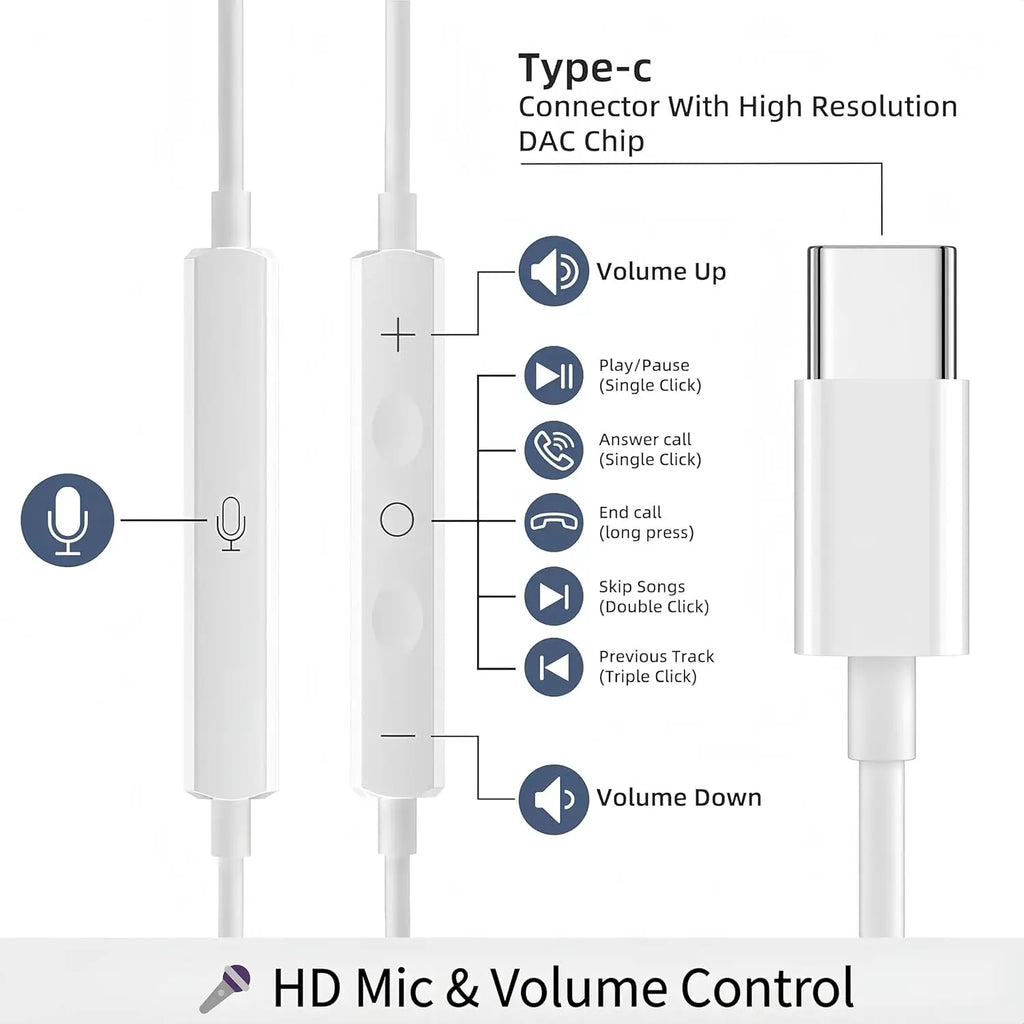 5-Pack USB-C Wired Earphones with Microphone & Volume Control, Compatible with Multiple Devices (1.2M/4Ft)