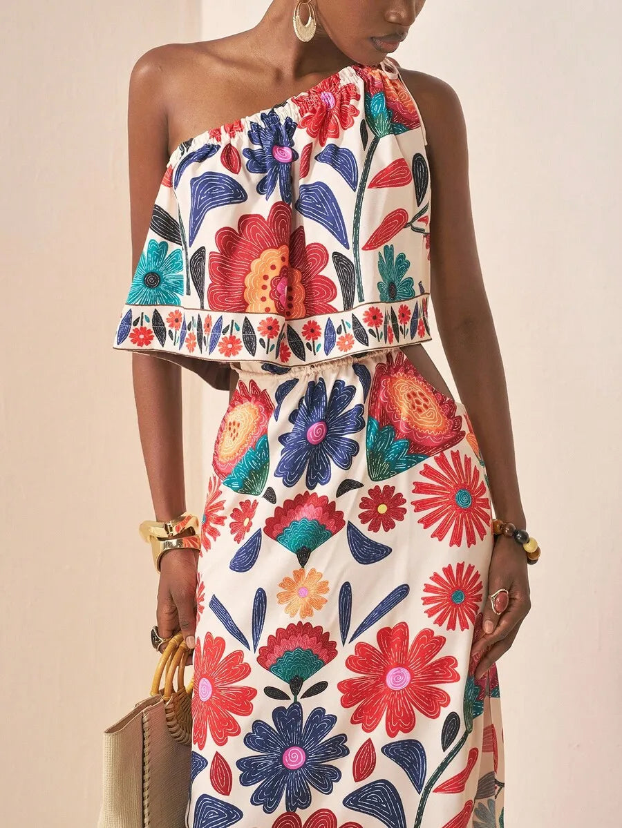 One-Shoulder Linen Two-Piece Set with Asymmetrical Waist, Beige Summer Outfit for Casual & Vacation