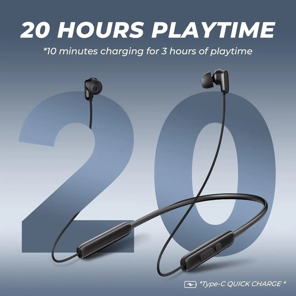 Wireless Bluetooth 5.2 Neckband Earbuds, IPX7 Waterproof, Deep Bass, 20H Playtime, Ultra-Lightweight Comfort (Black)