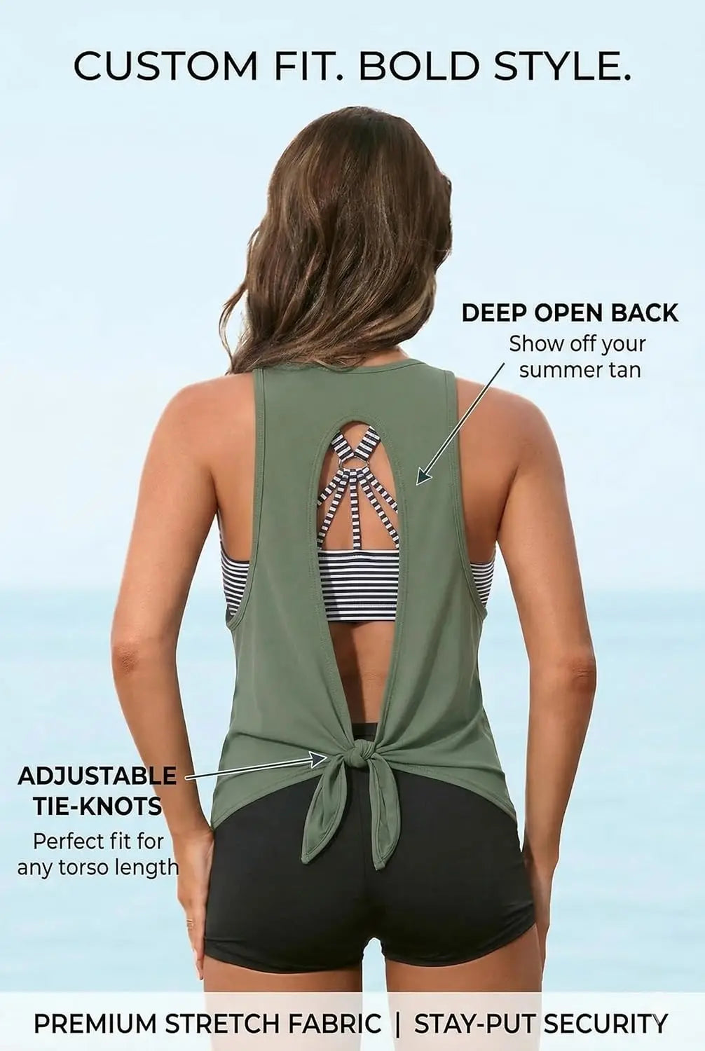 Aqua Eve 3 Piece Tankini Swimsuit for Women Tank Bathing Suit with Shorts Open Back Athletic Swimwear
