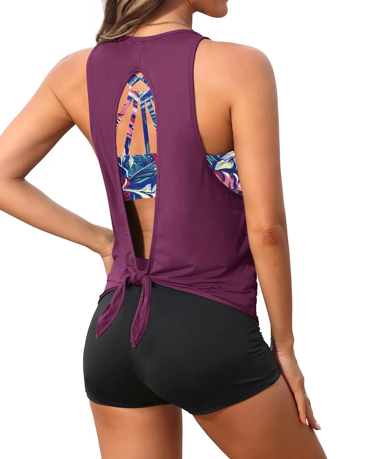 Aqua Eve 3 Piece Tankini Swimsuit for Women Tank Bathing Suit with Shorts Open Back Athletic Swimwear